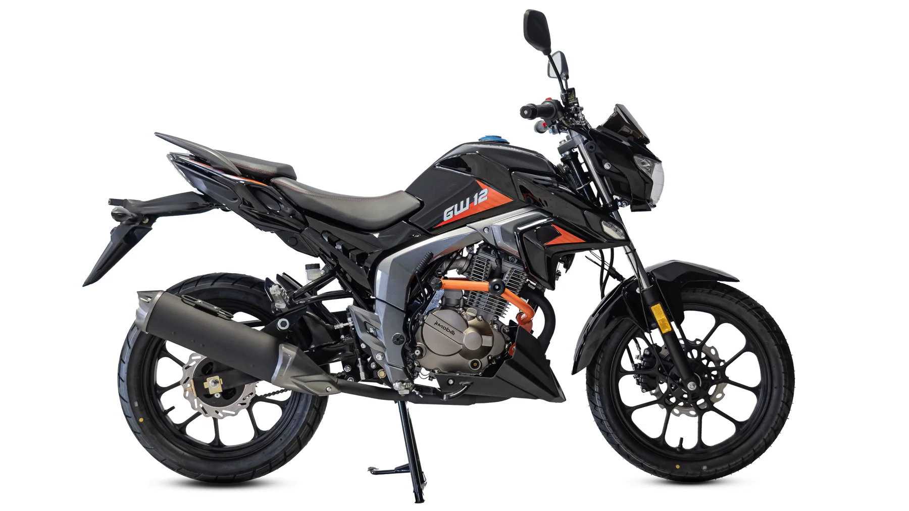 Moto Mobilli GW12 preta vista de lado em foto de estúdio